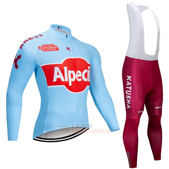 Katusha Alpecin Langarmtrikot 2019 und Lange Tragerhose Blau Rot